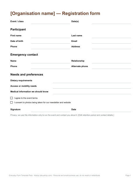 Preview of the first page of Registration form