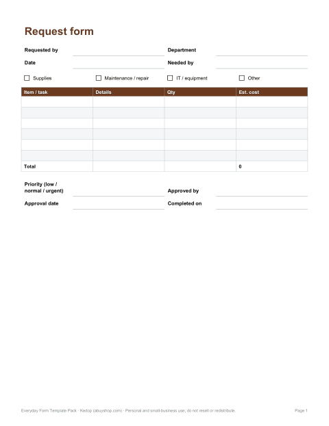Preview of the first page of Request form