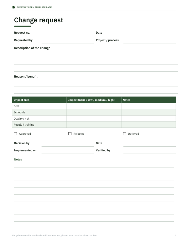 Preview of Printable Change Request Form