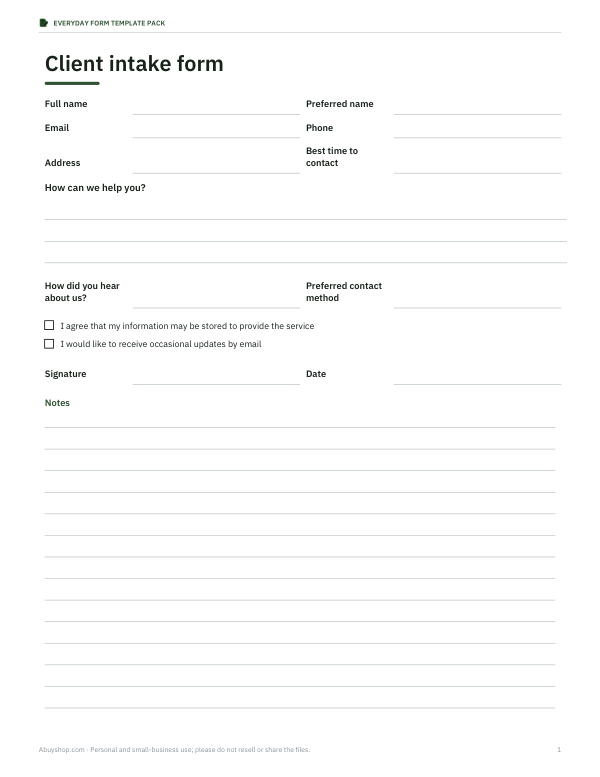 Preview of Printable Client Intake Form