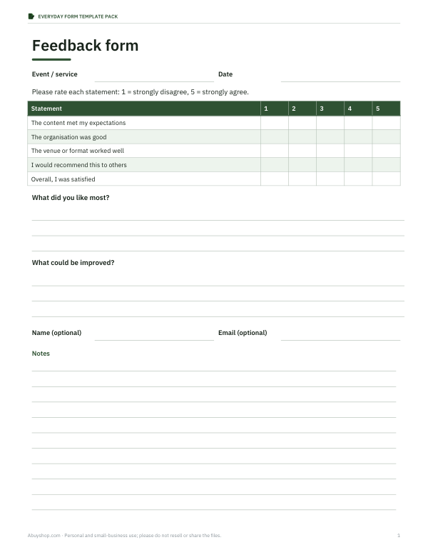 Preview of Printable Feedback Form Template