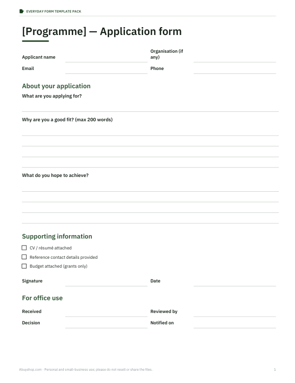 Preview of Printable General Application Form
