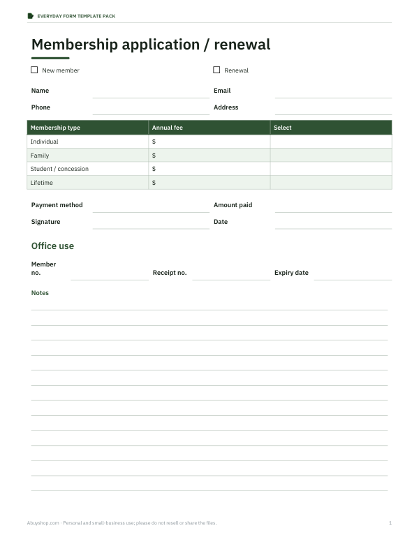 Preview of Printable Membership Form
