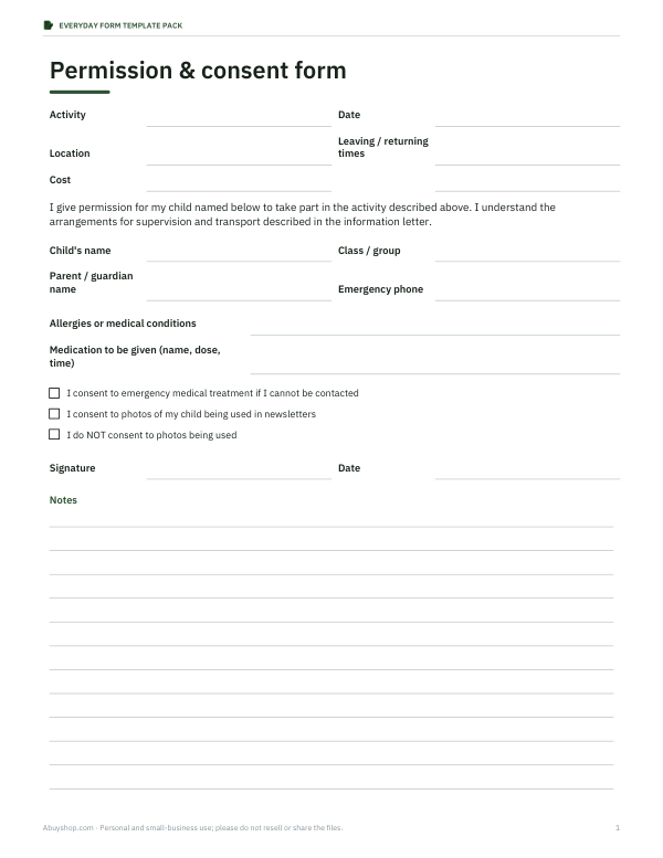 Preview of Printable Permission and Consent Form