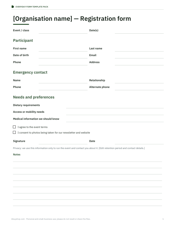 Preview of Printable Registration Form