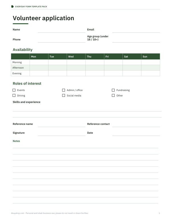 Preview of Printable Volunteer Application Form